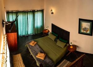 a bedroom with a green bed and a window at Les Clés de Parys in Parys +2 photos
