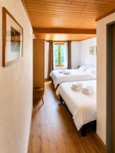 zwei Betten in einem Zimmer mit Holzdecke in der Unterkunft Alpine Hotel Reich in Cazis