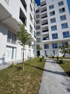 a tree in the grass next to a building at Kurti Apartment in Golem