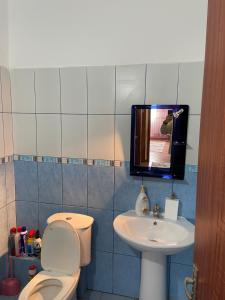 a bathroom with a toilet and a tv on the wall at Lushnja Apartament in Lushnjë +9 photos