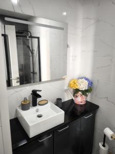 a bathroom with a white sink and a mirror at Historic Downtown II in Vila Real
