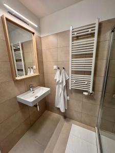a bathroom with a sink and a mirror and a shower at Apartment Tatry Gerlachov, Vysoke Tatry in Svätý Jur +31 photos
