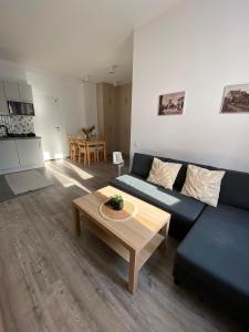 a living room with a blue couch and a coffee table at Loftson Apartament in Konin
