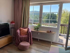 a living room with a chair and a large window at Ferienwohnung Alva Hinterzarten in Hinterzarten