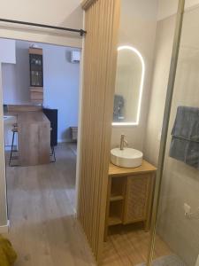 a bathroom with a sink and a glass shower at Lou Occitan- Appartement cosy centre Béziers in Béziers +13 photos
