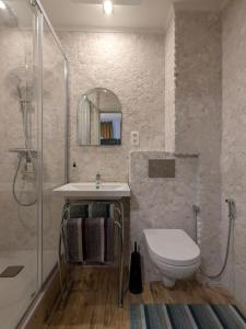 ein Badezimmer mit Toilette, Waschbecken und Dusche in der Unterkunft L'Eauberge in La-Roche-en-Ardenne + 15 Fotos