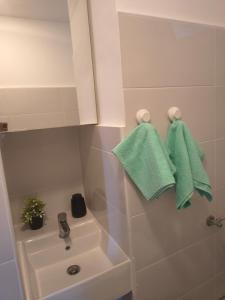 a bathroom with a sink and green towels at Studio apartman Tilia in Veliko Trgovišće