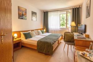 a hotel room with a bed and a television at Waldhotel Ehrental in Schmalkalden