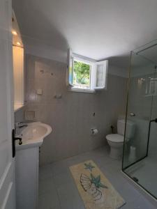 a bathroom with a sink and a toilet and a window at AMYGDALIA in Vlachopoulátika +15 photos