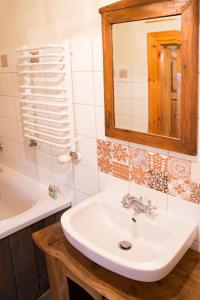 a bathroom with a sink and a mirror and a tub at Siódmy Las in Zawada