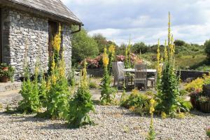 a garden with a table and chairs and flowers at Beautiful Stone Riverside Retreat Galway in Galway