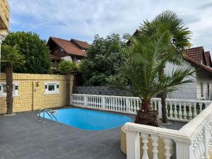 a swimming pool with a fence and a palm tree at Casa Kovacs in Herbolzheim