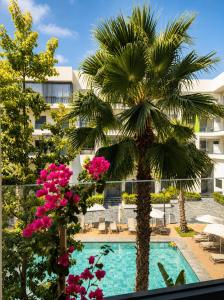 a palm tree and a swimming pool with pink flowers at Le Jardin Secret - Pool View Elegance in Mohammedia