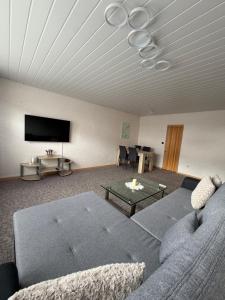 a living room with a couch and a flat screen tv at Gemütliche Ferienwohnung in Worbis in Worbis