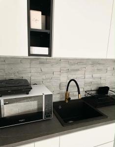 a kitchen counter with a microwave and a sink at Astrum Apartman in Egerszalók