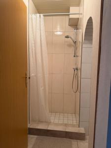 a bathroom with a shower with a shower curtain at Gemütliche Ferienwohnung in Worbis in Worbis