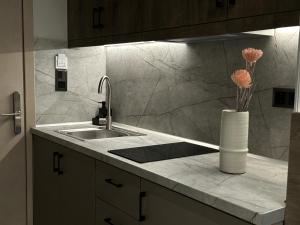 a kitchen with a sink and a vase with flowers at Aelith Rooms in Platamonas