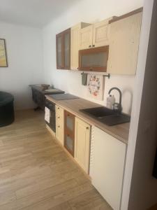 a kitchen with wooden cabinets and a sink at 3 bedroom Apartman Izolana in Izola