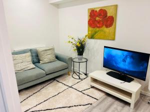 a living room with a couch and a flat screen tv at Ideal Guest House in Carrick-on-Suir
