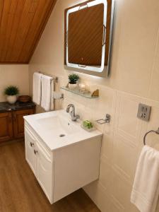 a bathroom with a white sink and a mirror at The Cozy Cottage, Dunga Gali in Dunga Gali +21 photos