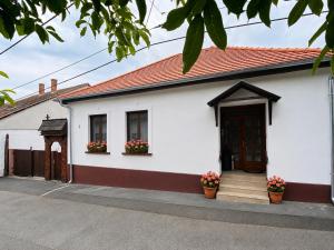 a white house with two windows and flower pots at Esther's Studio Keszthely in Keszthely
