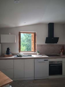 a kitchen with a sink and a window at studio in Saint-Georges-de-Luzençon