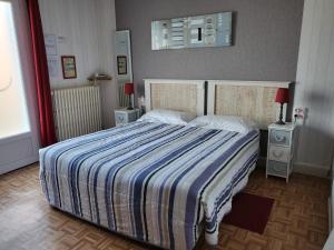 a bedroom with a large bed with a striped blanket at La Sauldraie gîte in Salbris