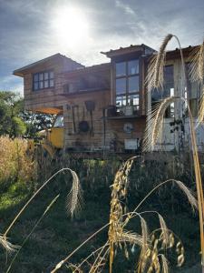 a house is sitting on top of a field at Strackxhoeve Tiny House 'Knalselder' in Laakdal