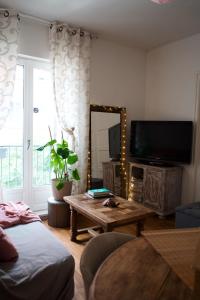 a living room with a tv and a table and a mirror at Iago city,appartement spacieux 2 chambres, hyper centre, aéroport et gare à proximité in Beauvais