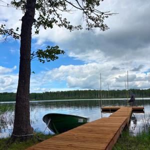 a green boat sitting at a dock next to a lake at Rātes Krasti - Rasa - holiday house with sauna and lakeview in Lejasciems