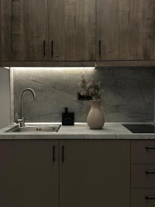a kitchen counter with a sink and a vase with flowers at Aelith Rooms in Platamonas