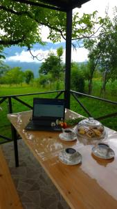 a laptop computer sitting on a table with food on it at olya's garden in Tsʼageri
