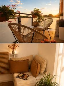 two pictures of a balcony with a couch and a table at Keizna rooms Cesena in Cesena