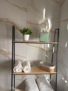a shelf with towels and a plant in a bathroom at Flor de Charme in Campo Maior