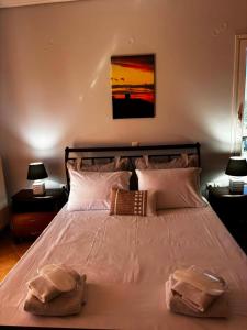 a bedroom with a large bed with two pillows at Iliovasilema in Vathý