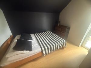 a bedroom with a bed with striped sheets and pillows at Korab Wisełka & SPA in Wisełka