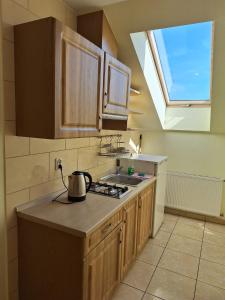 a kitchen with a sink and a stove and a window at Pokoje Gościnne Kalina in Łagów