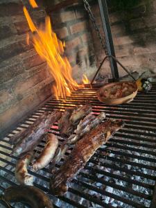 a bunch of food on a grill with flames at Finca Las Marías in Cardozos