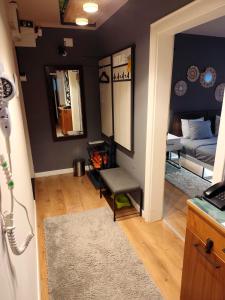 a living room with a bed and a mirror at Mila Apartment in Skopje