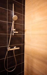 a shower with a shower head on a tiled wall at Le Sire de Joux in Montbenoît