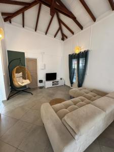 a living room with a couch and a tv at Spacieux logement in Lamentin