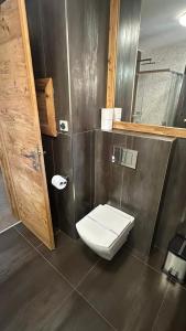 a bathroom with a toilet and a wooden door at Hotel Kukučka Apartment C104 Tatranská Lomnica in Vysoké Tatry