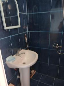 a blue tiled bathroom with a sink and a mirror at Cactus Hotel in Kobuleti +27 photos