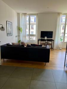a living room with a black couch and a television at Luxury Apartment in Central Geneva in Geneva