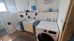 a bathroom with a sink and a washing machine in it at Ferienwohnung Wittle in Weiler-Simmerberg +97 photos