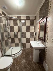 a bathroom with a toilet and a sink and a shower at Villa Lamperti in Dyyda