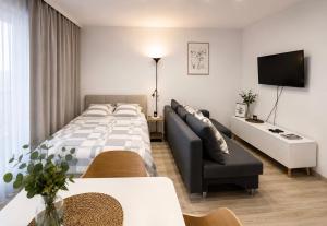 a bedroom with a bed and a couch and a tv at Augustowskie Apartamenty Blisko Jezior i Lasów oraz Bezpłatny parking in Augustów