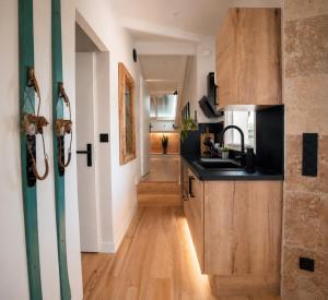 a kitchen with wooden cabinets and a sink at La Verriere & Le refuge in Foix