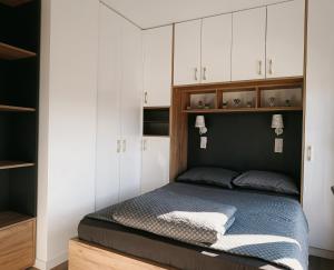 a bedroom with a bed with white cabinets at "Dolce Vita" Loft in Tuzla