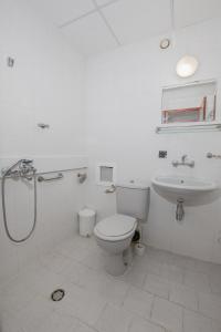 a bathroom with a toilet and a sink at Rhodopi Hotel Plovdiv in Plovdiv +15 photos